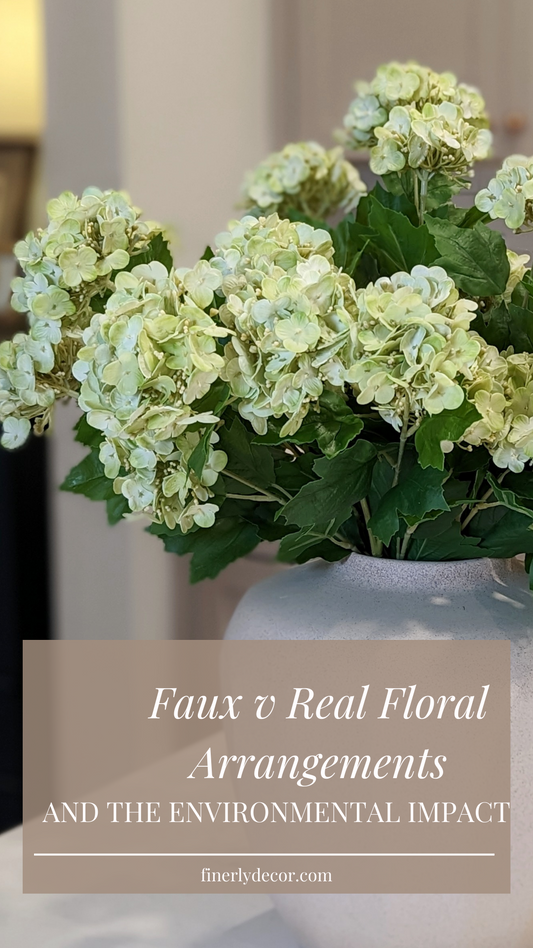 Image with text overlay: Faux v Real floral arrangements and the environmental impact.