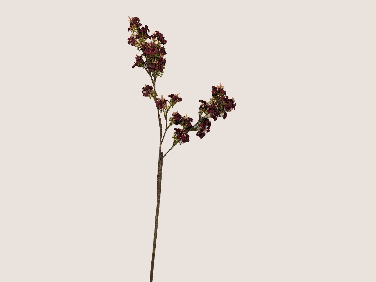 Dark pink burgundy fall stem with light pink accents and realistic branch against a beige backdrop.