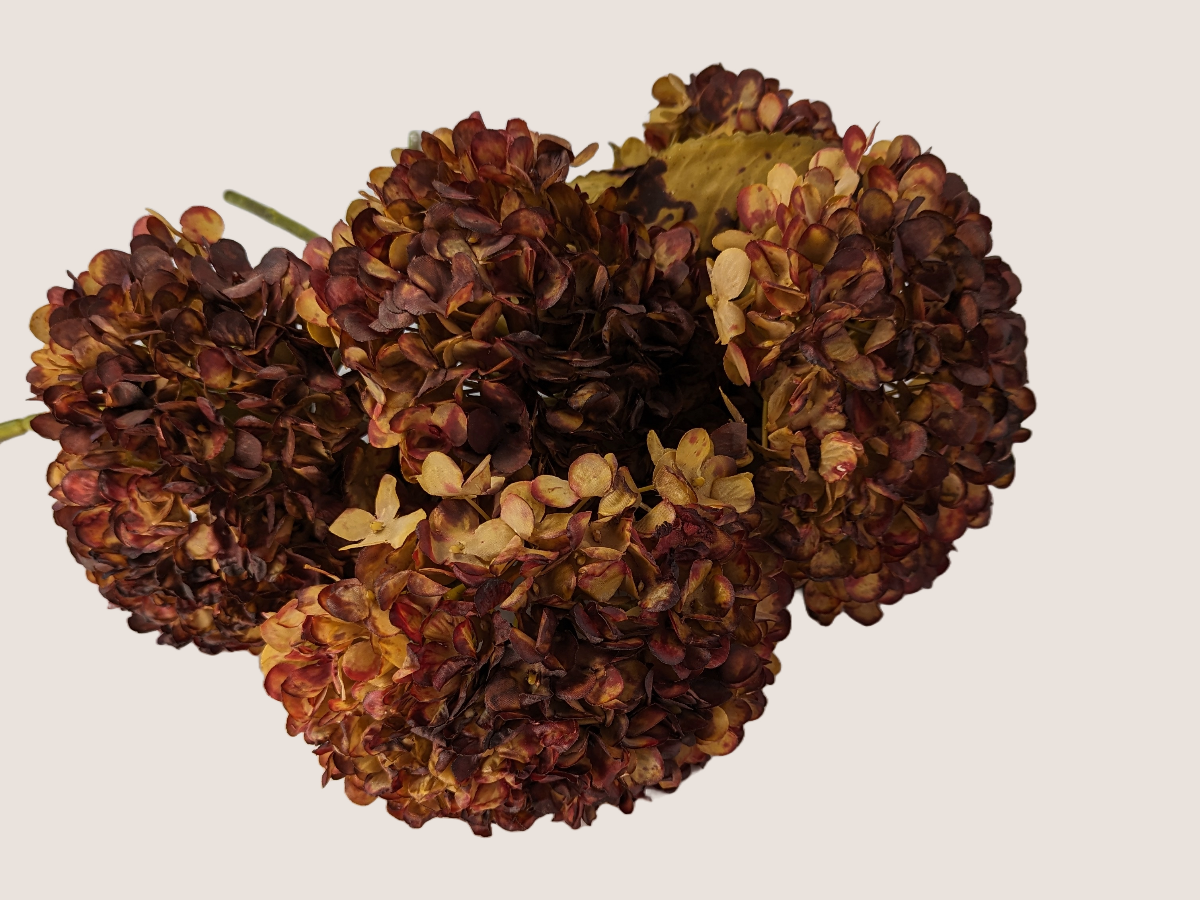 Artificial fall hydrangea flower bouquet with colors of burgundy, red, & brown petals against a light beige background showcasing realistic look dried florals and leaves.
