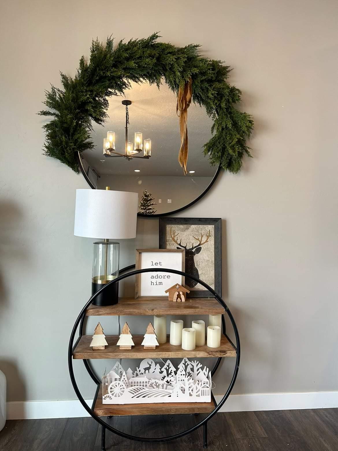 6.5 ft holiday christmas garland over mirror for home decor.