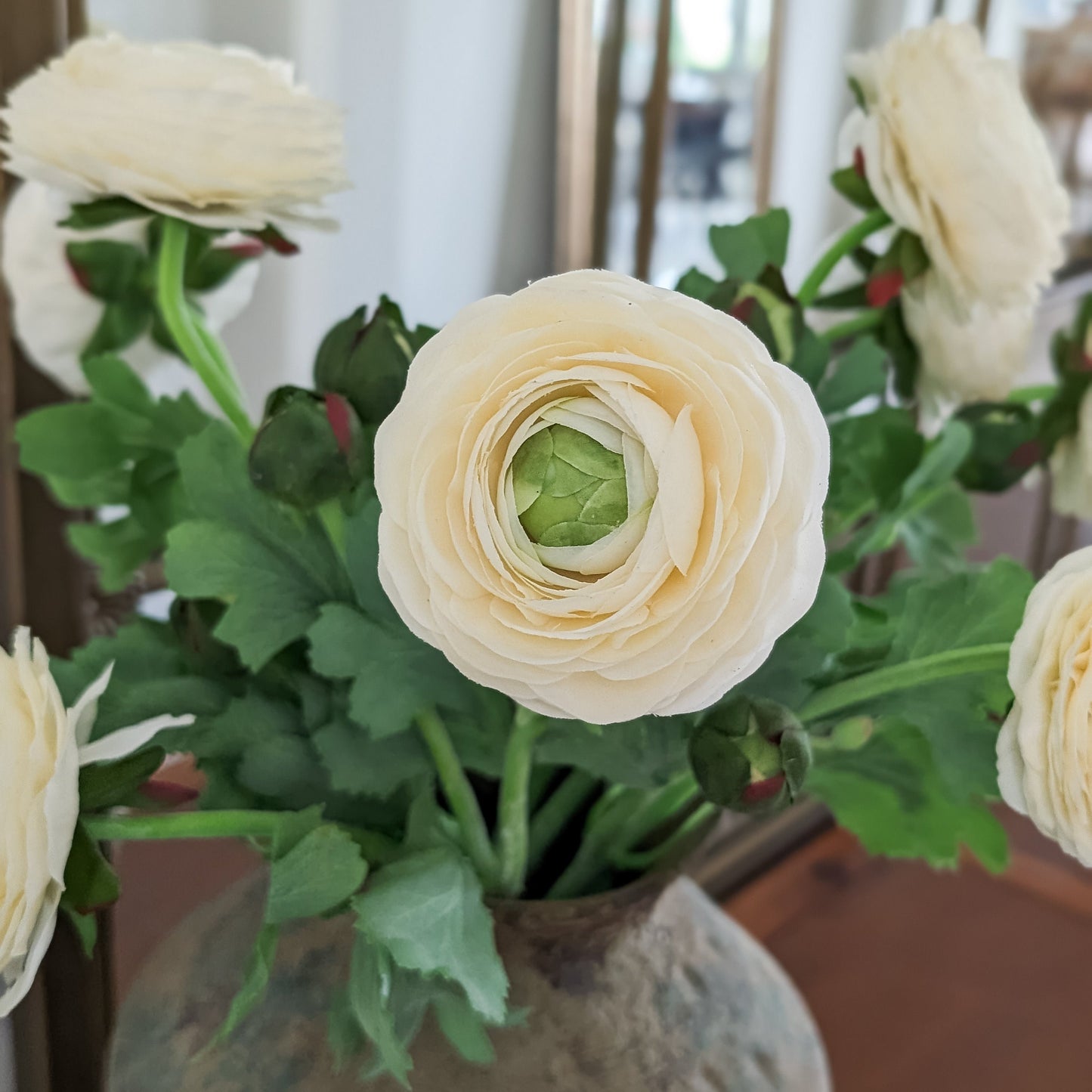 Close up of set of 6 artificial real touch blooming ranunculus flower in ivory, styled in vintage terra cotta vase against mirror.