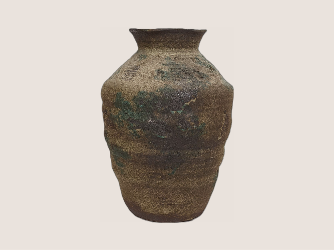 Dark terra cotta vase, 12 inches tall in urn shape with brown color, with natural accents of gray, blue, and black. Antique look.
