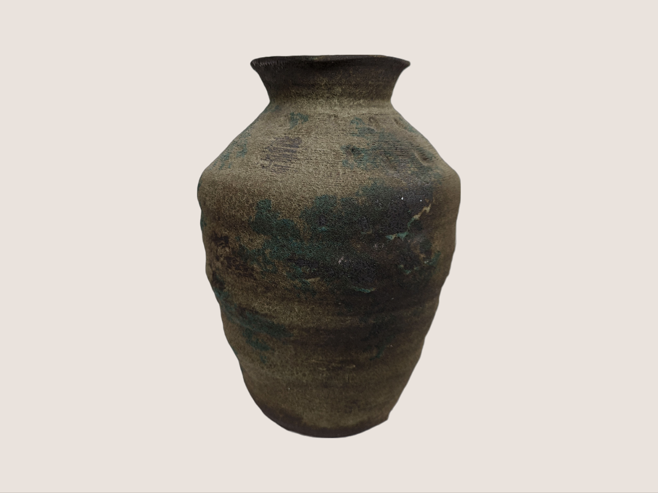 Antique look. Dark terra cotta vase, 12 inches tall in urn shape with brown color, with natural accents of gray, blue, and black.