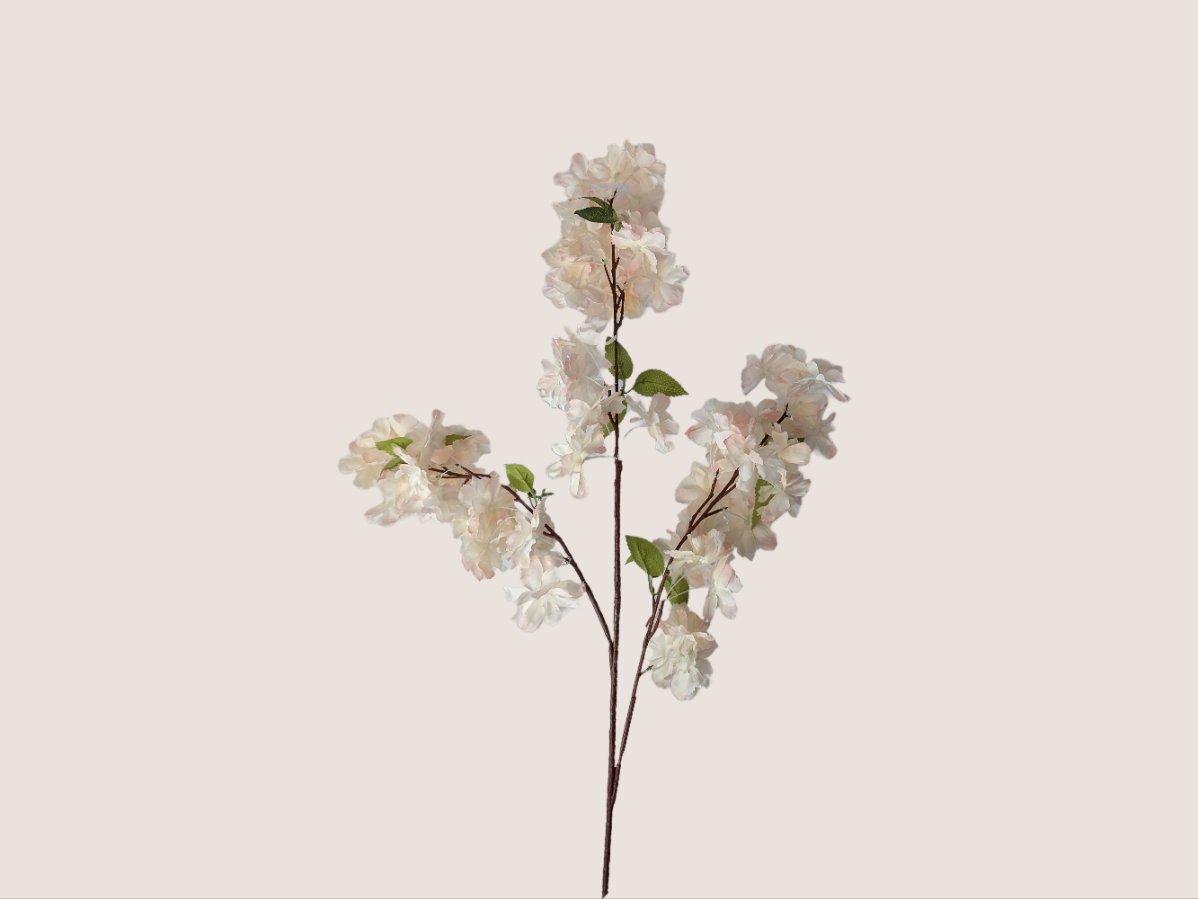 Artificial waterfall cherry blossom stem in soft pink and white, featuring a lifelike brown stem with three branches and fully bloomed big waterfall blossoms. Each branch is 38 inches tall in total, with 16 inches of stem and 22 inches of blossom branches. Pictured against a neutral beige background, this floral stem is perfect for adding a touch of elegance and beauty to any decor.