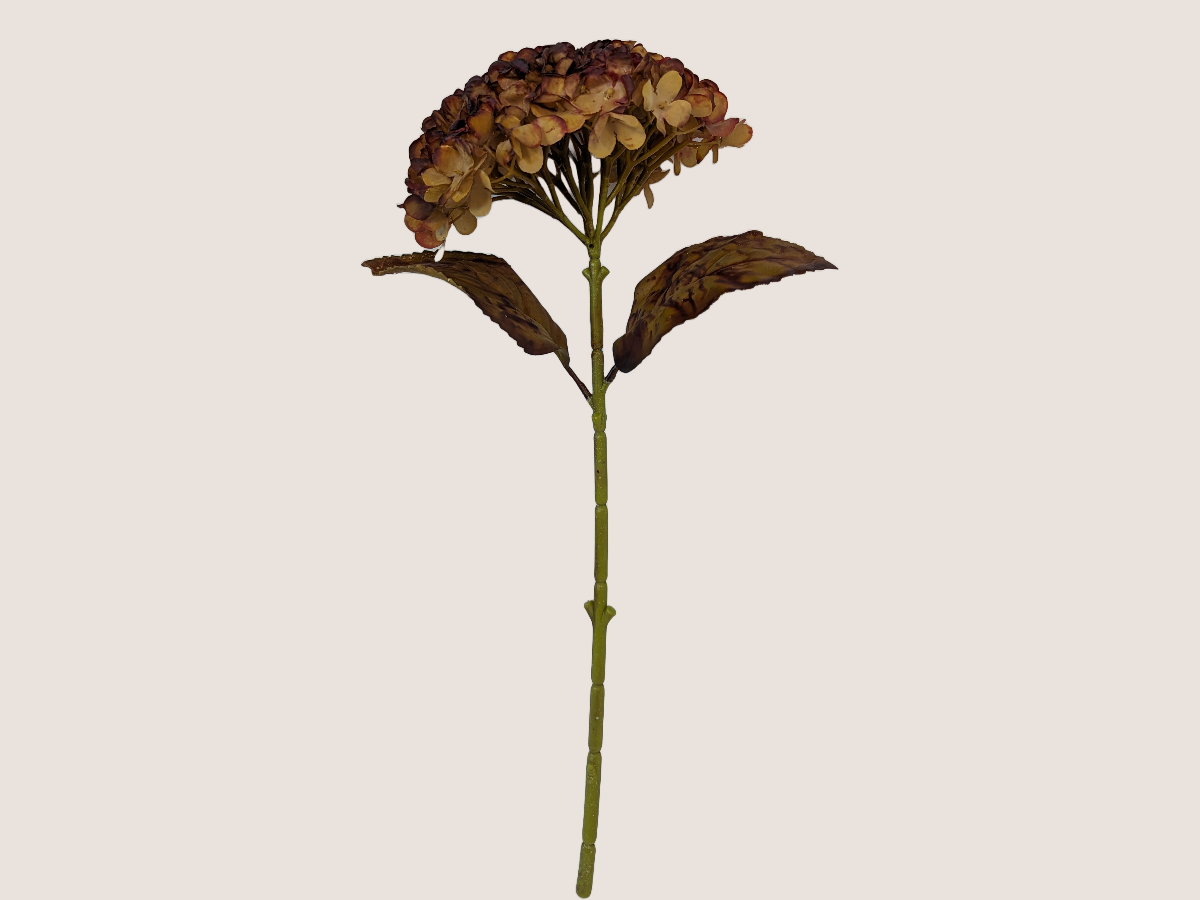 Artificial fall hydrangea flower against a light beige background showcasing realistic look dried florals and leaves.