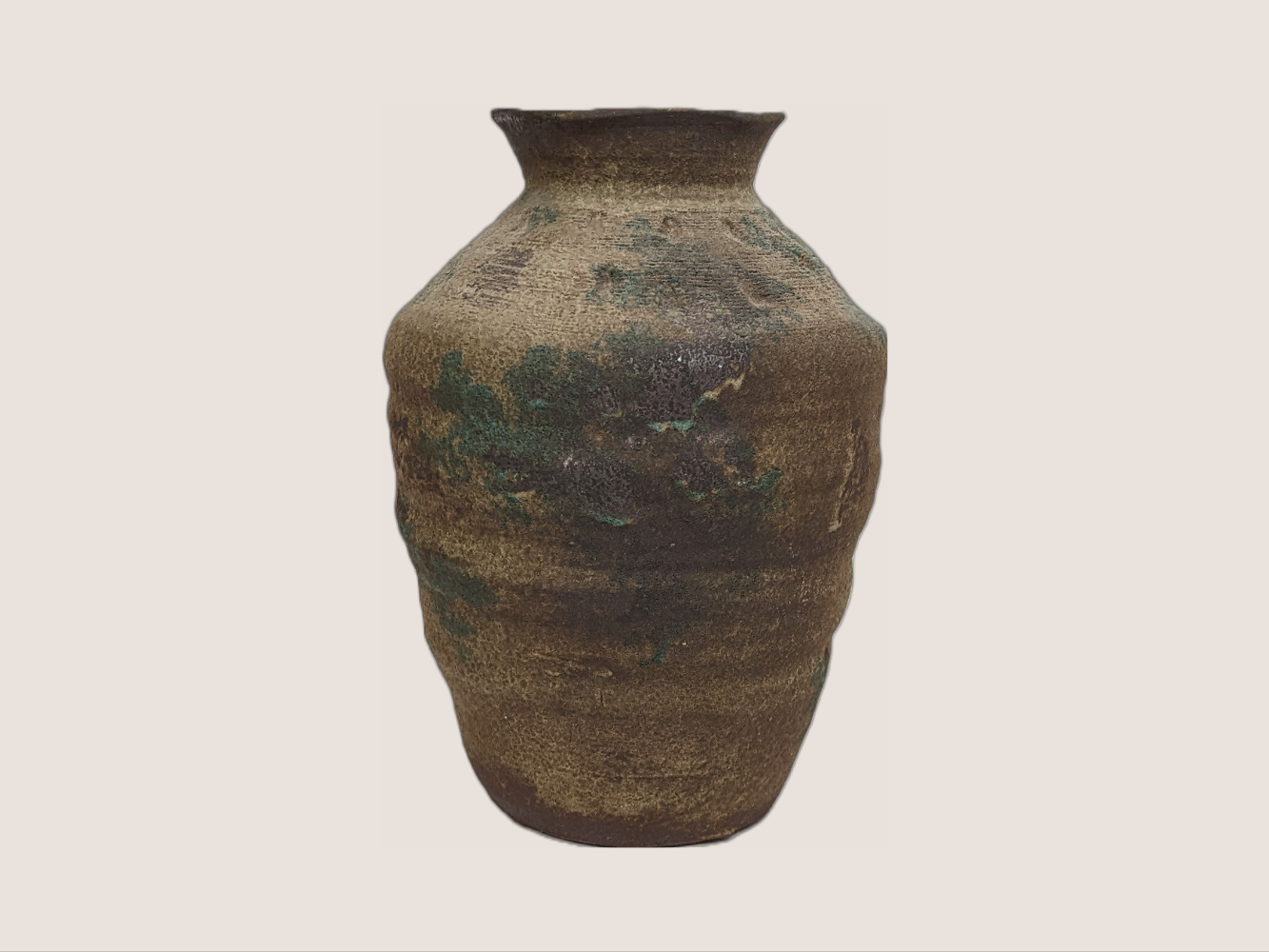 Dark terra cotta vase, 12 inches tall in urn shape with brown color, with natural accents of gray, blue, and black. Antique look. 
