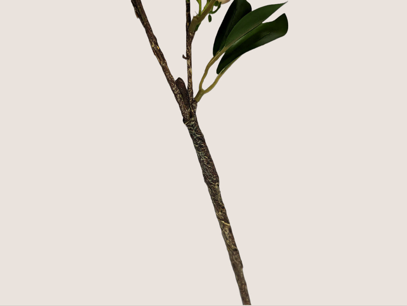 Image of an artificial lilac stem featuring lifelike features of brown stem. The buds are light green and the stem has realistic texture and detailing. The stem is shown against a neutral beige background.