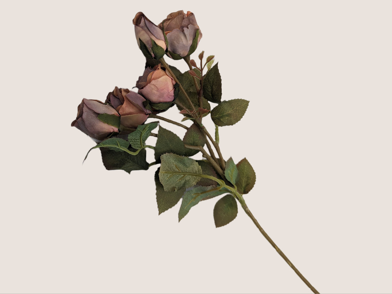 Artificial preserved-look roses - 17 inches tall, with mauve pink, purple, and light brown color scheme for a dried look. The stem has a green to brown gradient, serrated leaves with dark red tips, and small artificial buds for a lifelike appearance. Each stem features 5 flower heads. Pictured against a neutral beige background.