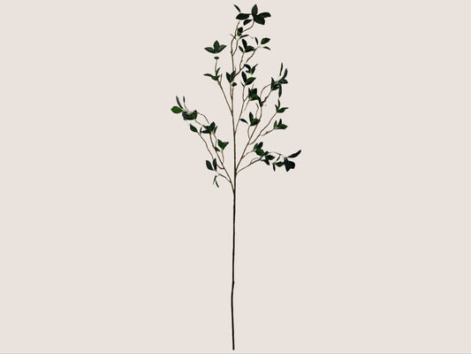 Image of an artificial green leafy stem featuring small, waxy-looking Ficus twigs and stems. The stem is 42 inches with a lifelike gradient of light and dark brown branches to add a realistic touch. Each stem has 5-7 branches and is pictured against a neutral background.
