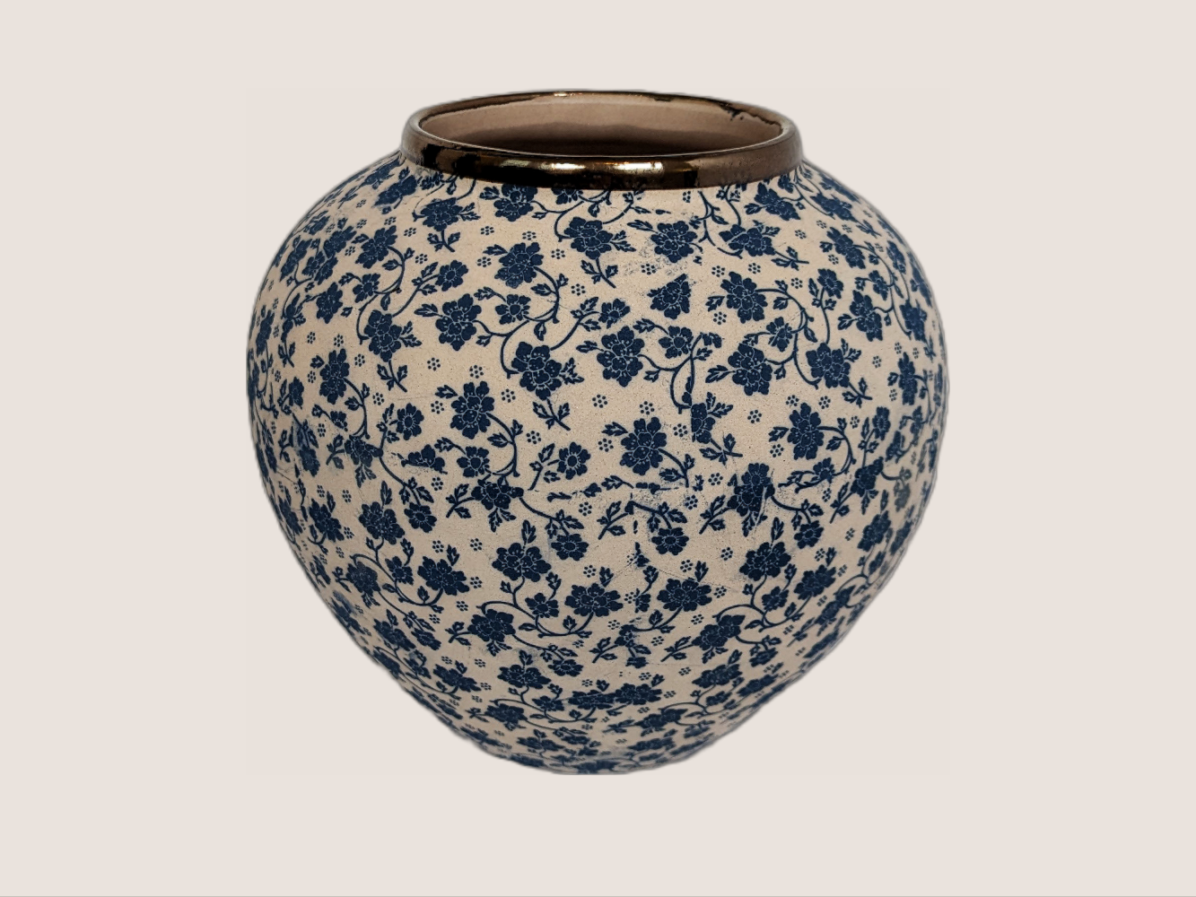 Round ivory and blue floral decal vase with gold rim accent for home decor. Features underglaze effect and matte finish. Handmade.