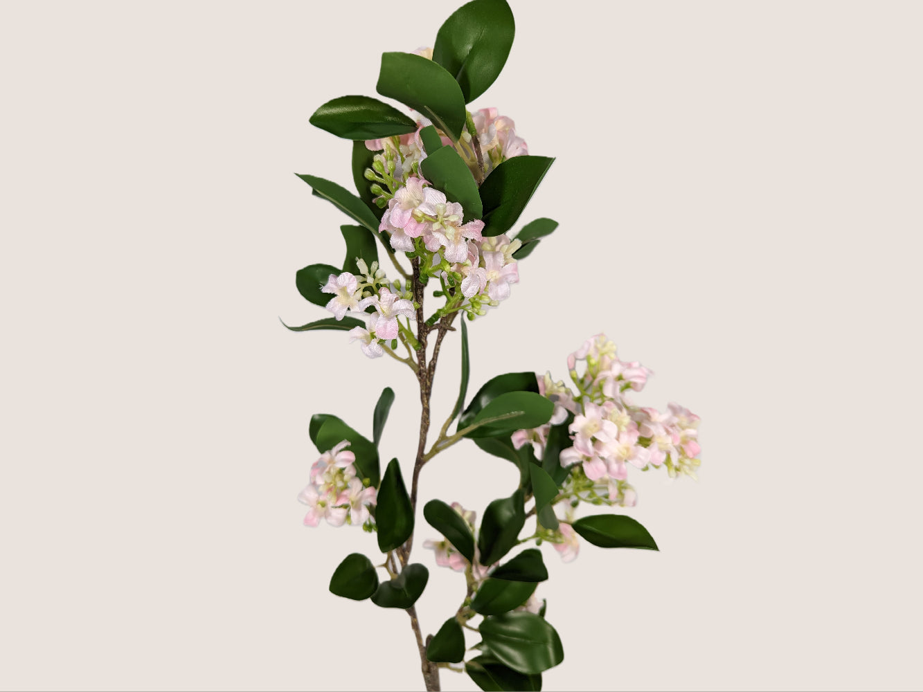 Image of an artificial lilac stem that stands 30 inches tall, featuring lifelike details such as white, pink, and light green petals with dark brown stem. The buds are light green and the stem has realistic texture and detailing. The stem is shown against a neutral beige background.